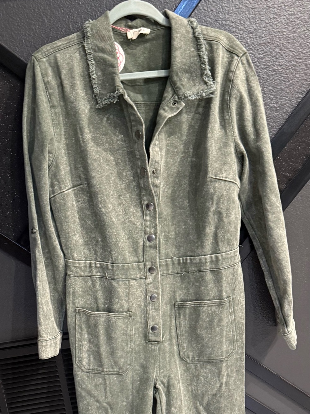 Umgee Olive Green Frayed Collar Utility Jumpsuit - Picture 2 of 7